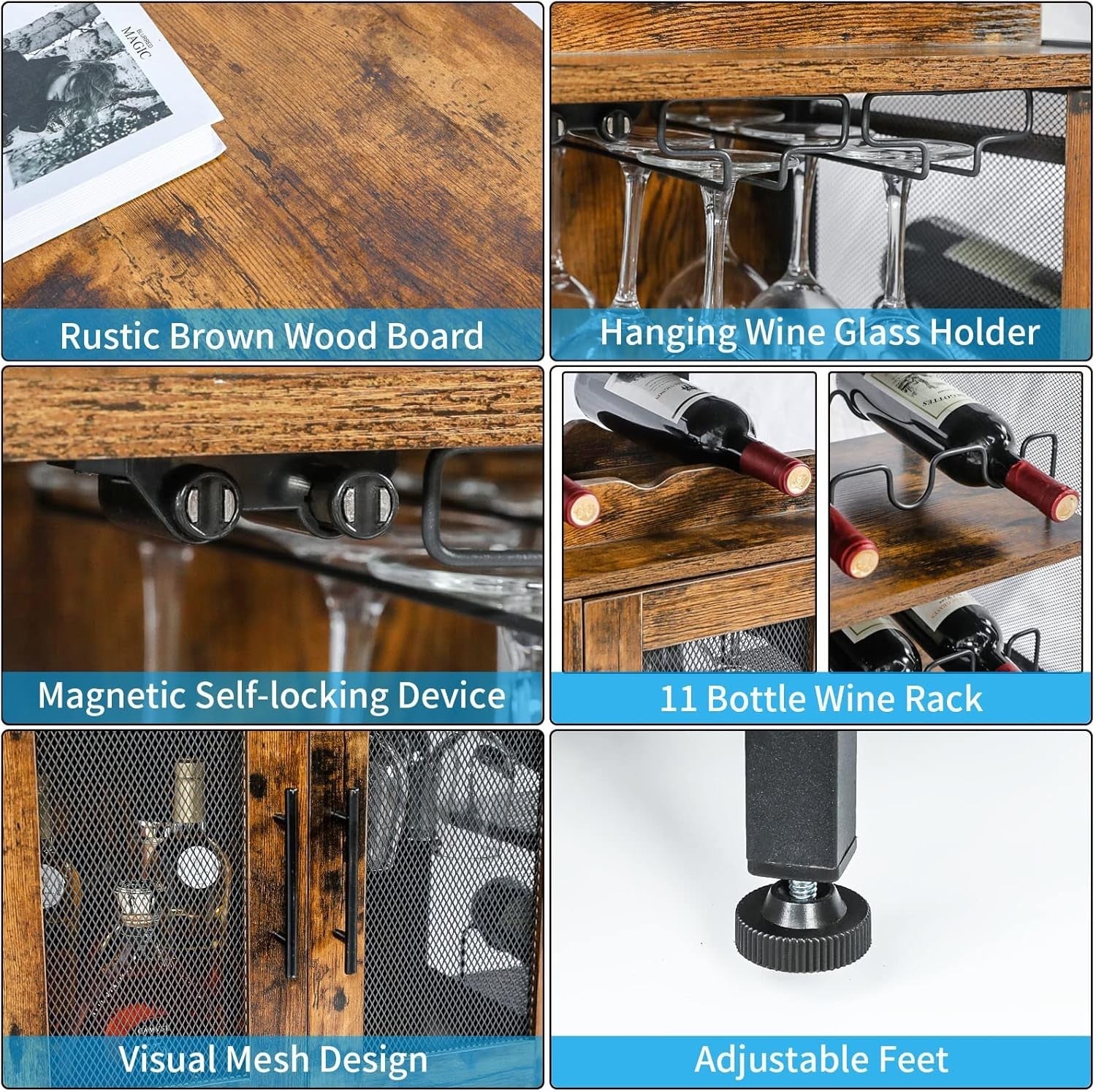 Rustic Wine Bar Cabinet with Glass Holder & Bottle Rack, Sideboard Buffet Unit