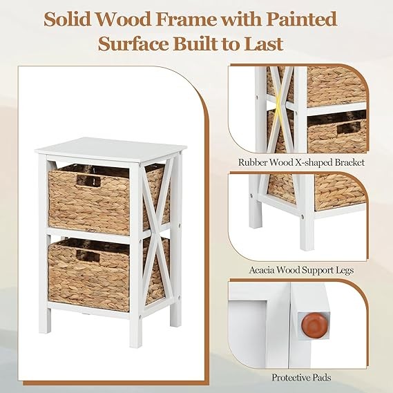 2x White Bedside Tables with Seagrass Baskets | Rustic 2-Tier Slim Nightstands