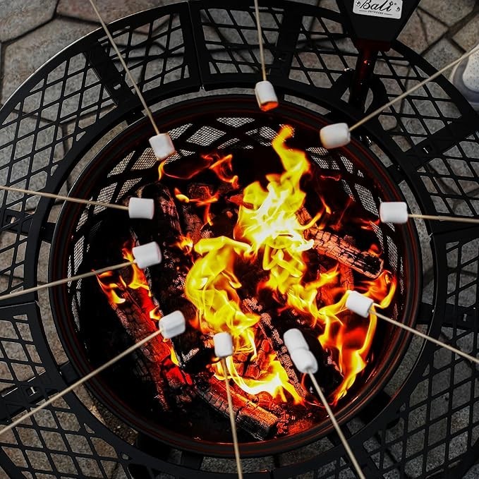Outdoor Wood Burning Fire Pit with 360° Cooking Grill Large 32" Metal Bowl