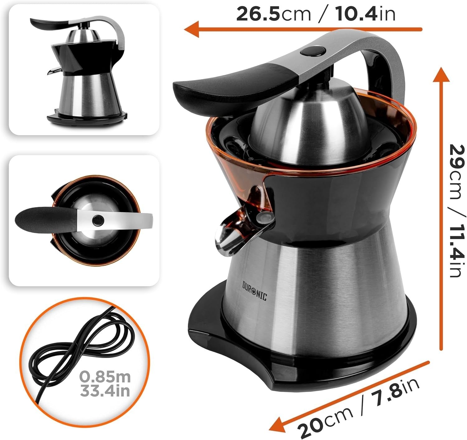 Electric Citrus Juicer 300W Stainless Steel Press 2 Cones Pulp Filter