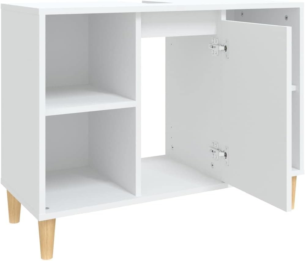White Bathroom Sink Cabinet with Storage – Nordic Style Unit, Wooden Legs 80cm