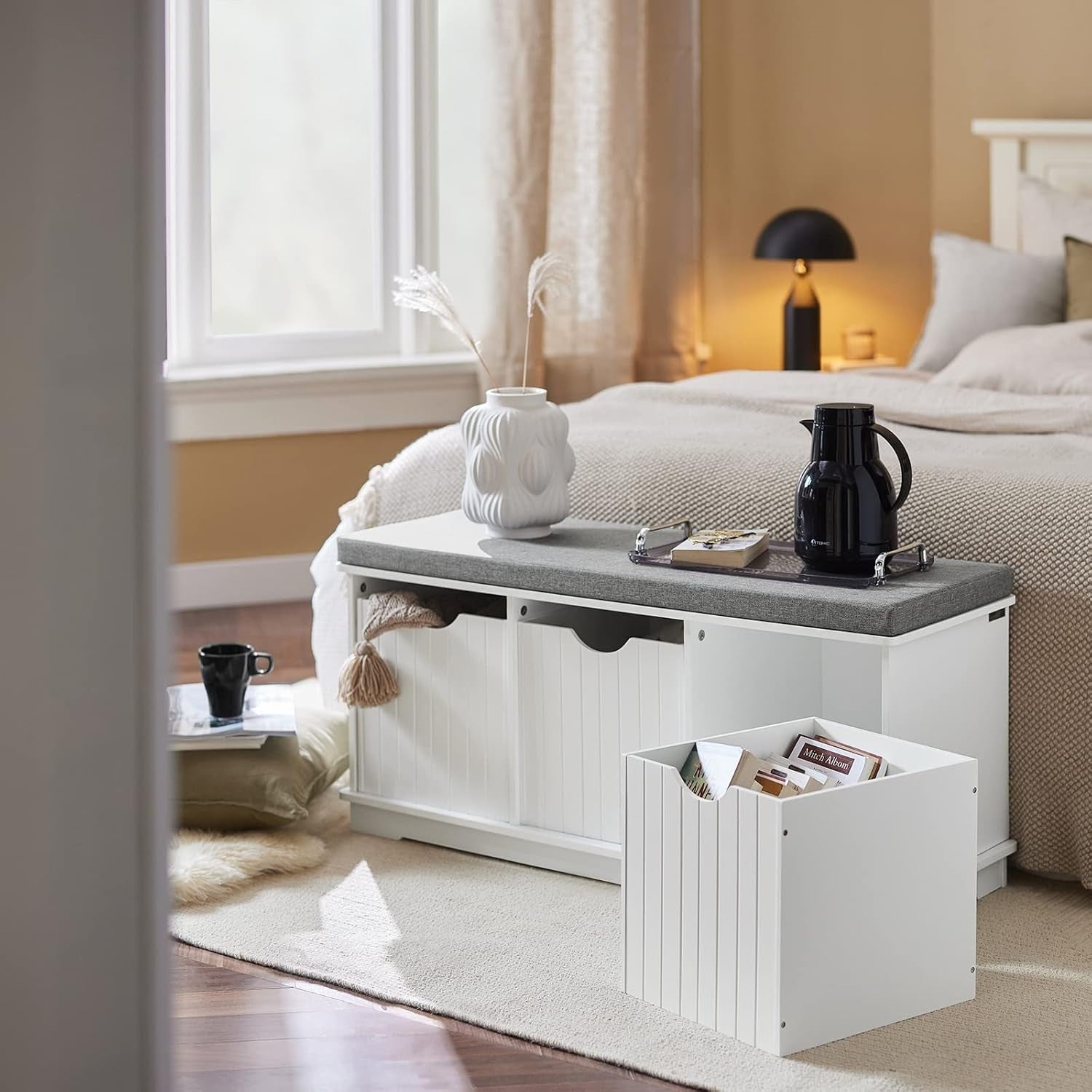 Hallway Shoe Storage Bench with 3 Drawers & Removable Cushion, White