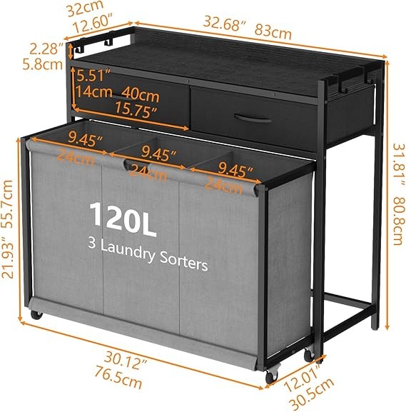 3×40L Laundry Hamper Cart with Wheels & Drawers | Large 83×62.5×80.8cm Organiser
