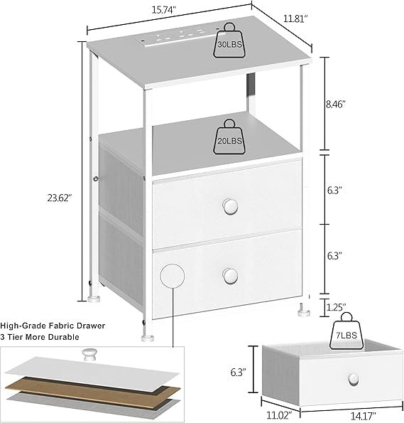 Modern LED Bedside Table with Charging Station & 2 Drawers – White Storage Unit