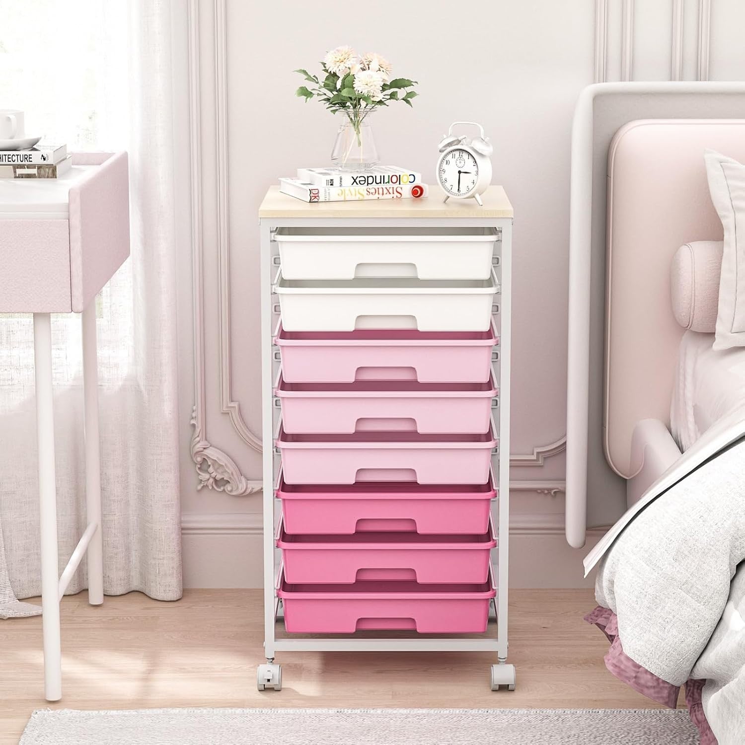 8 Drawer Rolling Storage Cart Rose Pink Utility Organizer Trolley