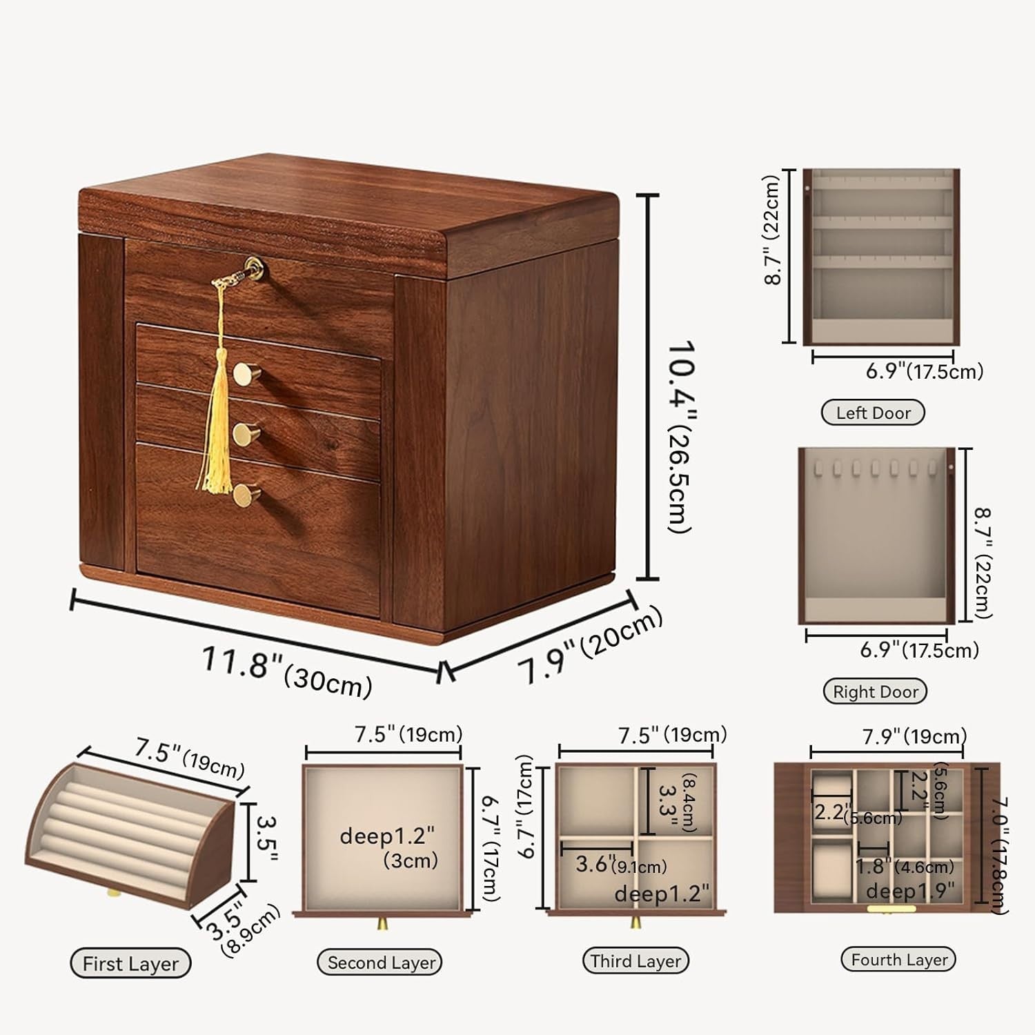Walnut Wooden Jewelry Organizer Box Lockable Mirror 4 Tier Storage