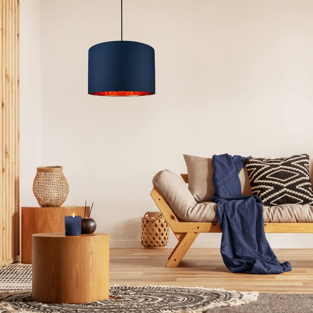 Midnight Blue Drum Lamp Shade 16” Copper Inner Modern Floor Pendant