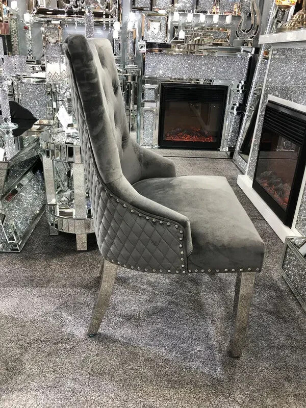 Pair Grey Velvet Dining Chairs | Lion Knocker Chrome Legs Tufted Back