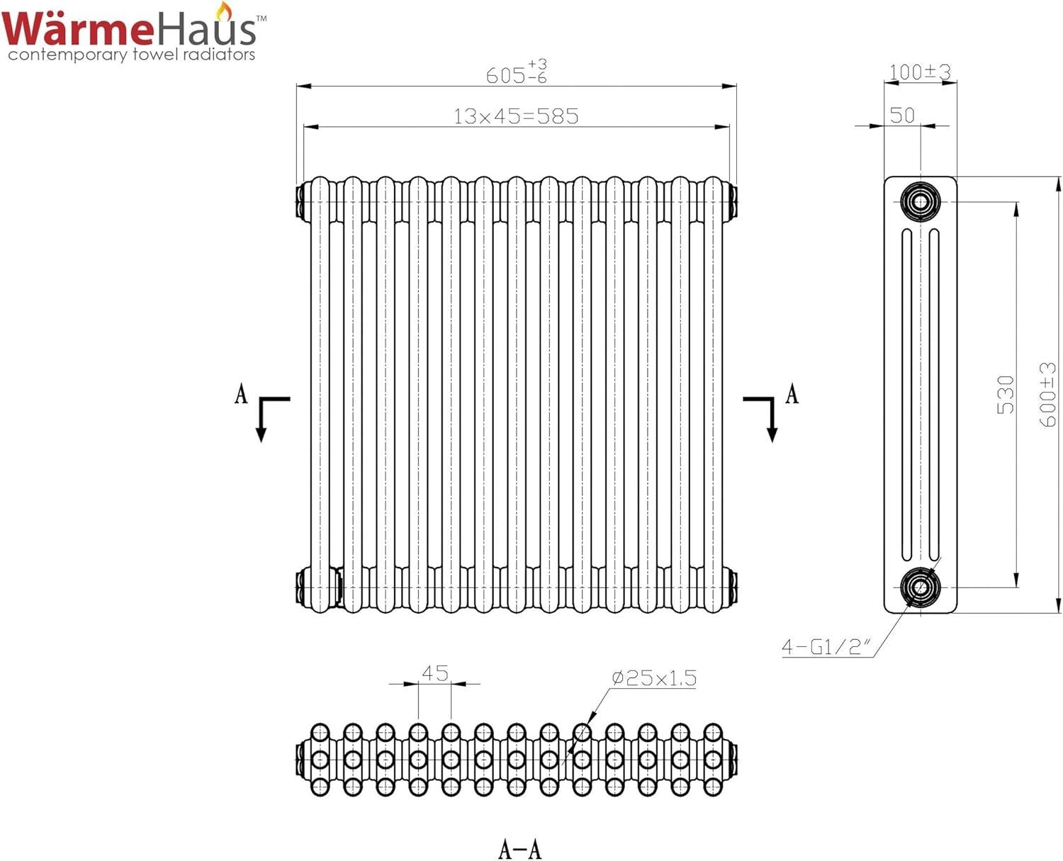 Triple Column Horizontal Radiator 600x605mm White Cast Iron Style