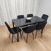 Glass Dining Table Set with 6 Velvet Chairs | Modern Black Kitchen Set