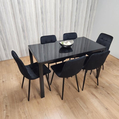 Glass Dining Table Set with 6 Velvet Chairs | Modern Black Kitchen Set
