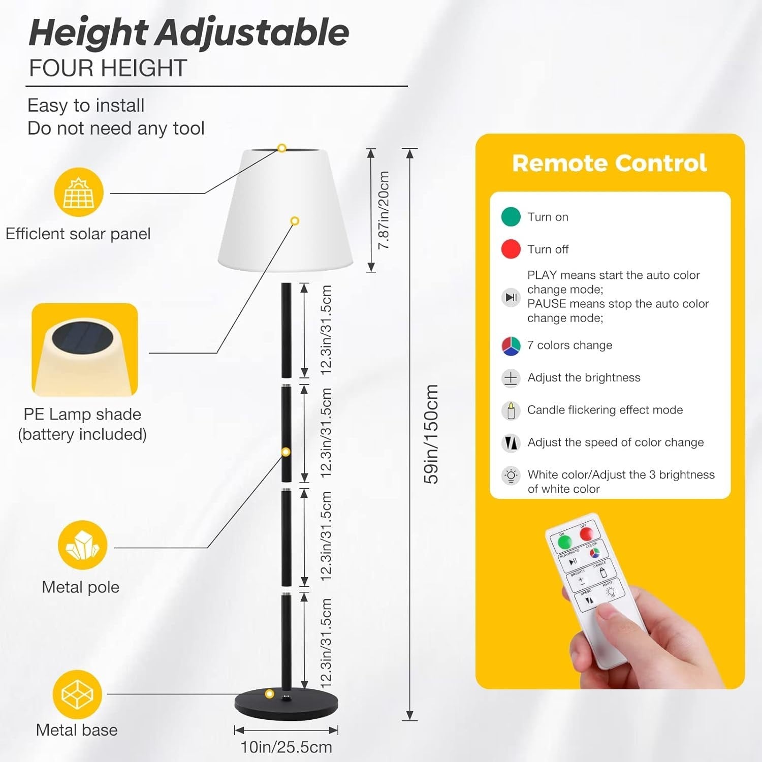 Waterproof Solar LED Floor Lamp Outdoor RGB Remote Control Garden Light