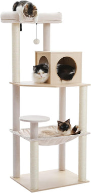143cm Wooden Cat Tree Multi Level Scratching Post Condo Hammock Beige