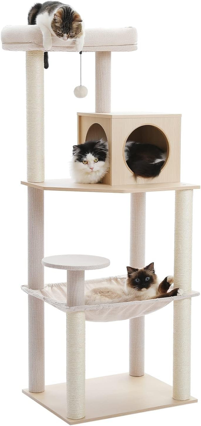 143cm Wooden Cat Tree Multi Level Scratching Post Condo Hammock Beige
