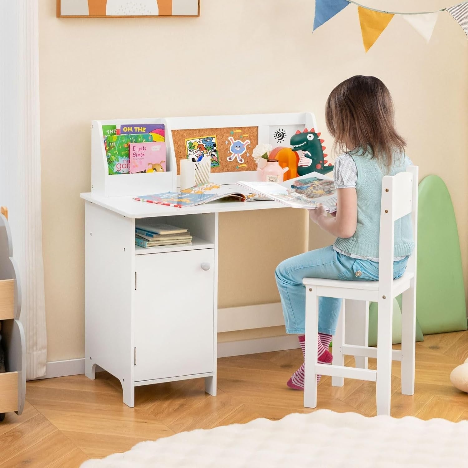 Kids Wooden Study Desk and Chair Set with Storage Whiteboard White