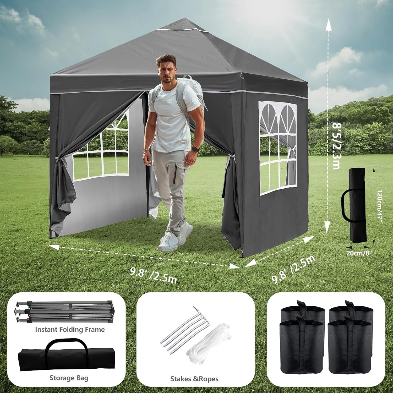 3x3M Grey Pop Up Gazebo With Removable Sides Waterproof Garden Party Tent Canopy