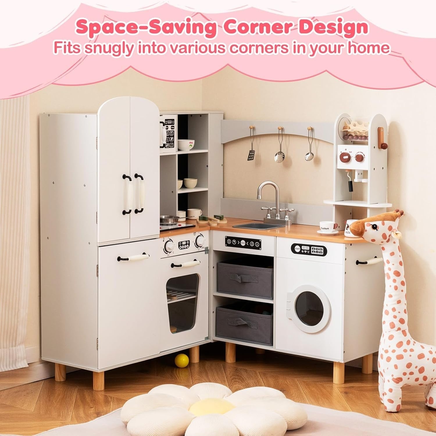 Corner Kids Play Kitchen White w/ Fridge Washer Coffee Maker Set