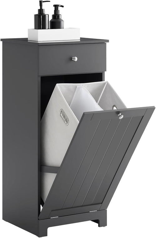 Slim Bathroom Laundry Cabinet with Tilt Hamper & Drawer, Space-Saving Unit 40x90
