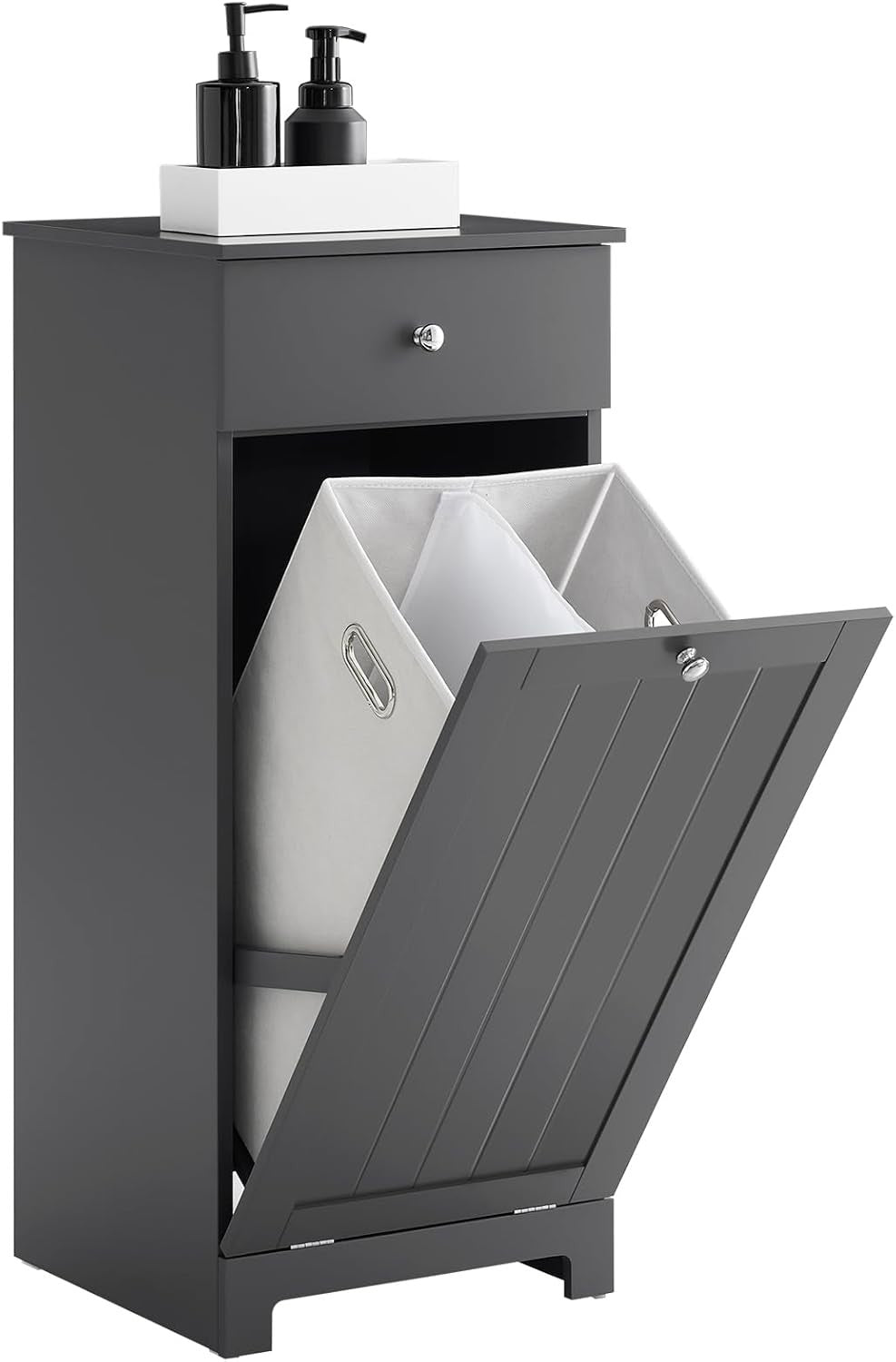Slim Bathroom Laundry Cabinet with Tilt Hamper & Drawer, Space-Saving Unit 40x90