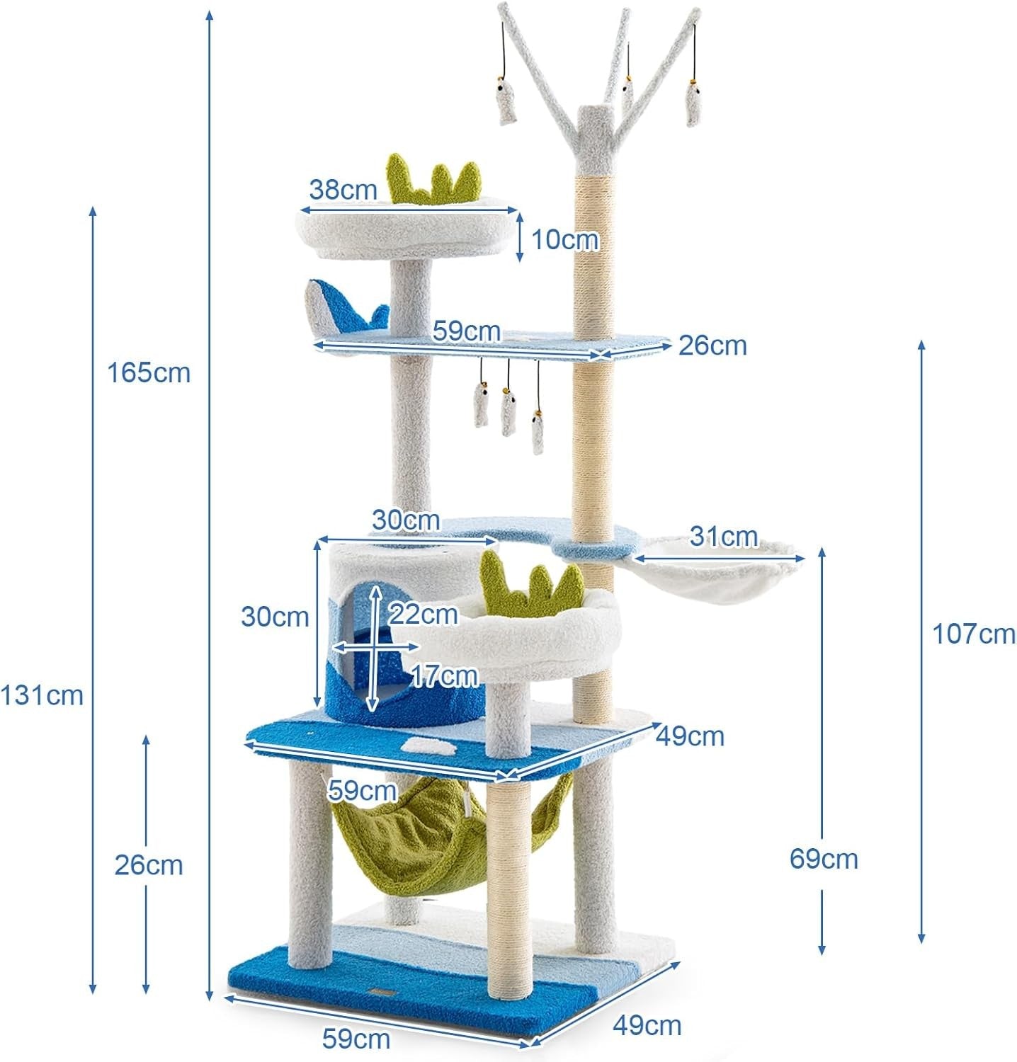 165cm Blue White Cat Tree Multi-Level Condo Hammock Sisal Scratching Tower