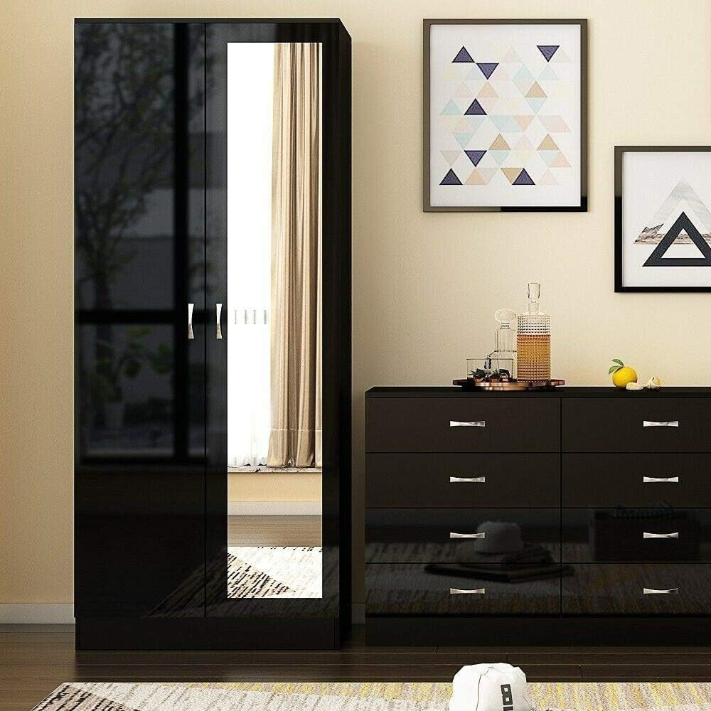Black Gloss Mirrored 2-Door Wardrobe with Full-Length Mirror & Ample Storage