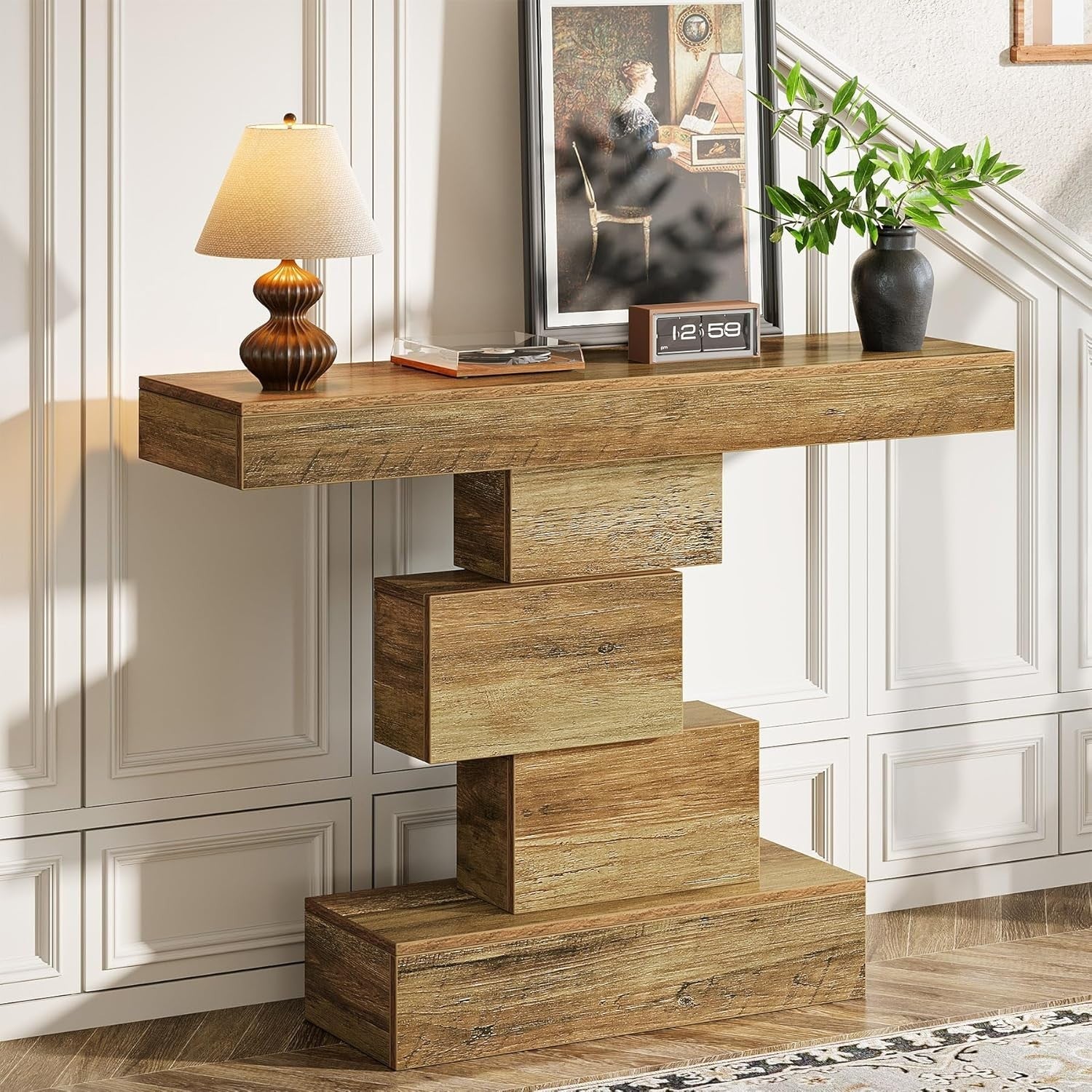 Rustic Oak Console Table with Geometric Base, Slim 108cm Sofa Hallway Table