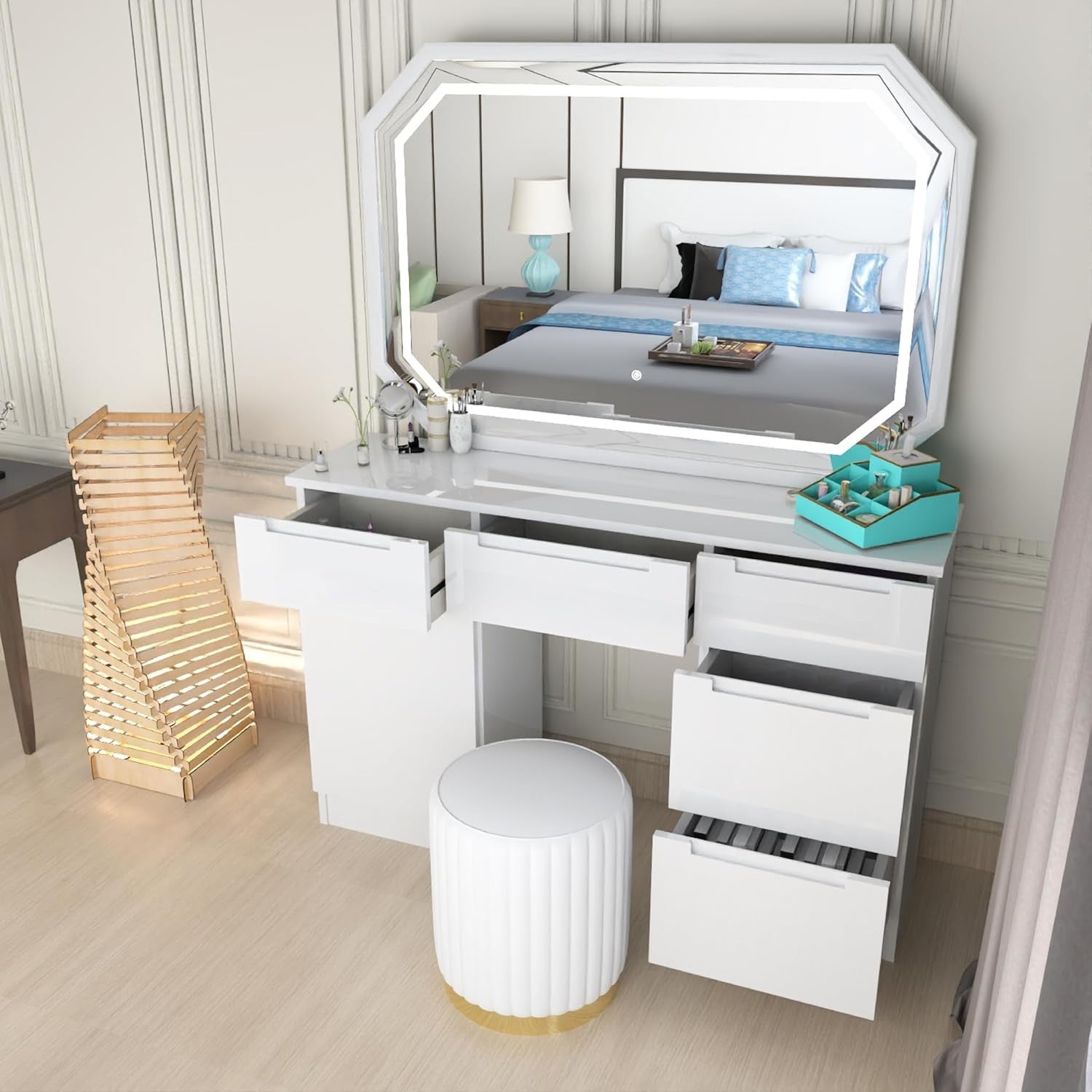 White LED Vanity Dresser Table Set 7 Drawer Makeup Mirror Stool Wood Storage