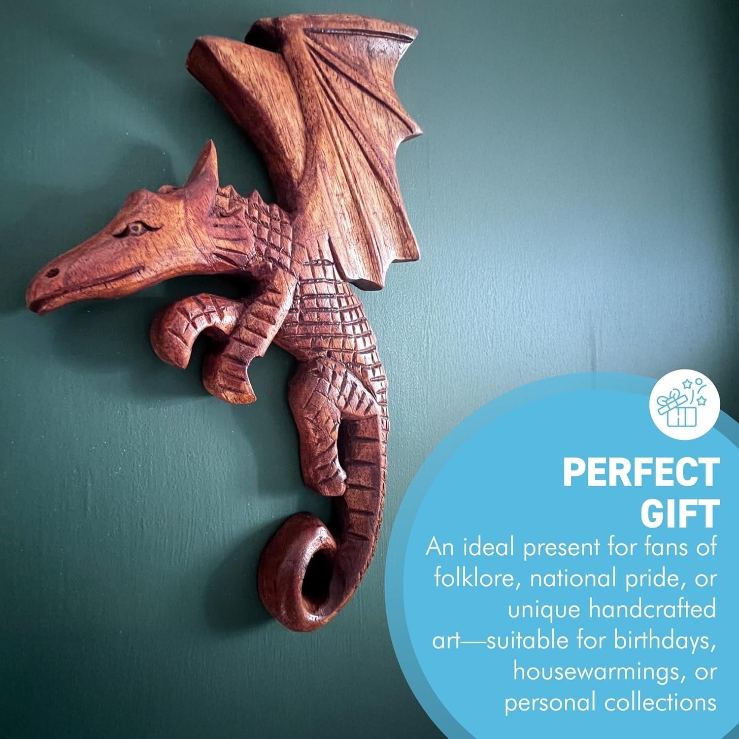 Hand-Carved Wooden Flying Dragon Wall Plaque | 23cm Ornamental Mythical