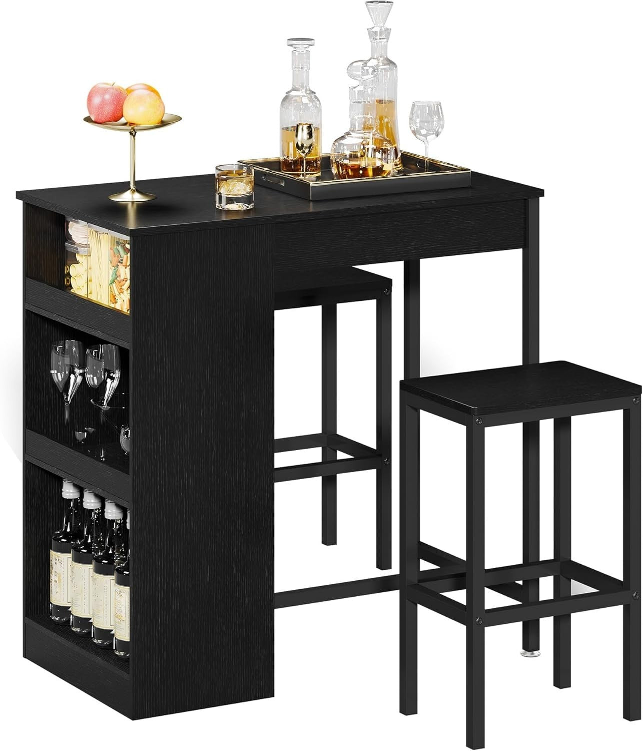 Breakfast Bar Table with Storage & Bar Stools Set, Industrial Black Compact