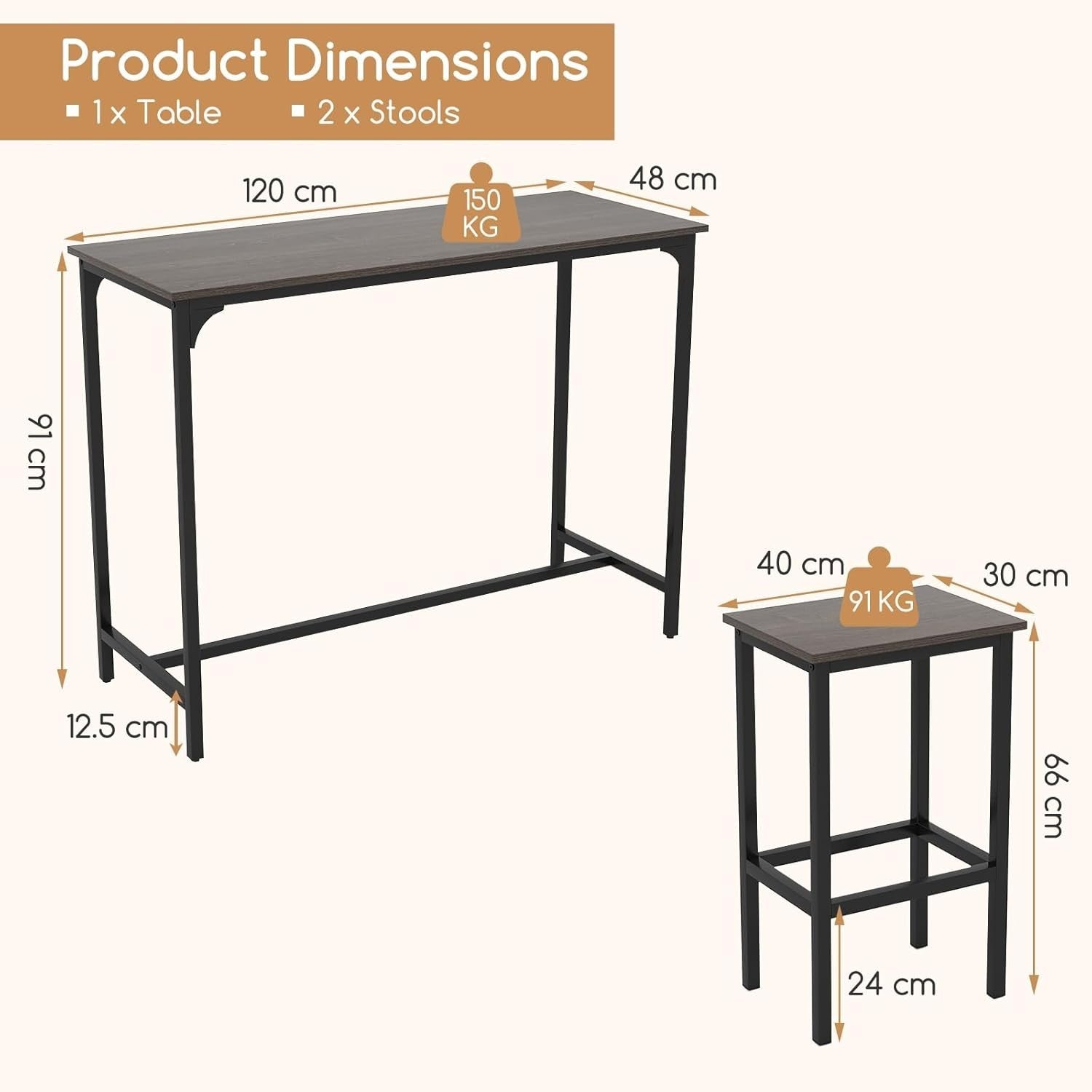 3 Piece Bar Table Set with Stools Space Saving Counter Height Dining Gray Black