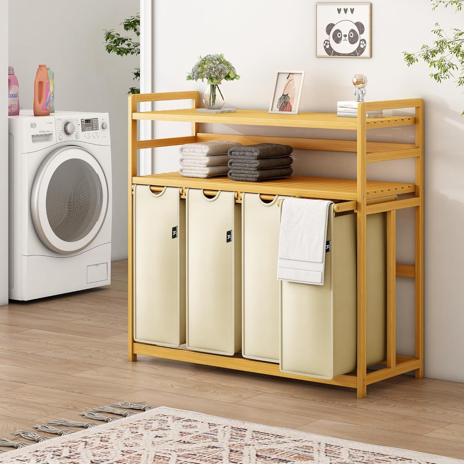 200L 4-Section Laundry Sorter Bamboo Frame Beige With Shelf Removable Bags