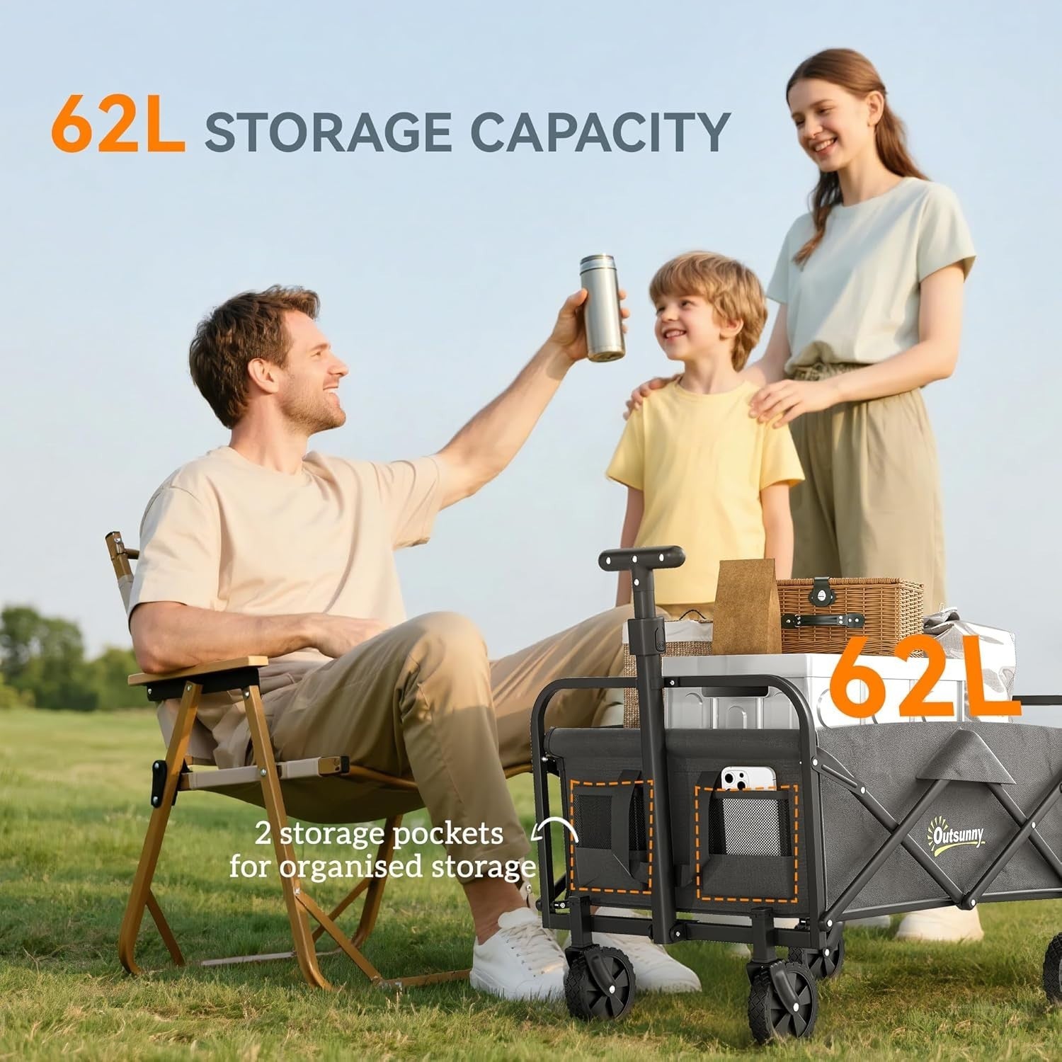 Grey Folding Festival Trolley 62L Heavy Duty Garden Camping Beach Wagon 120kg