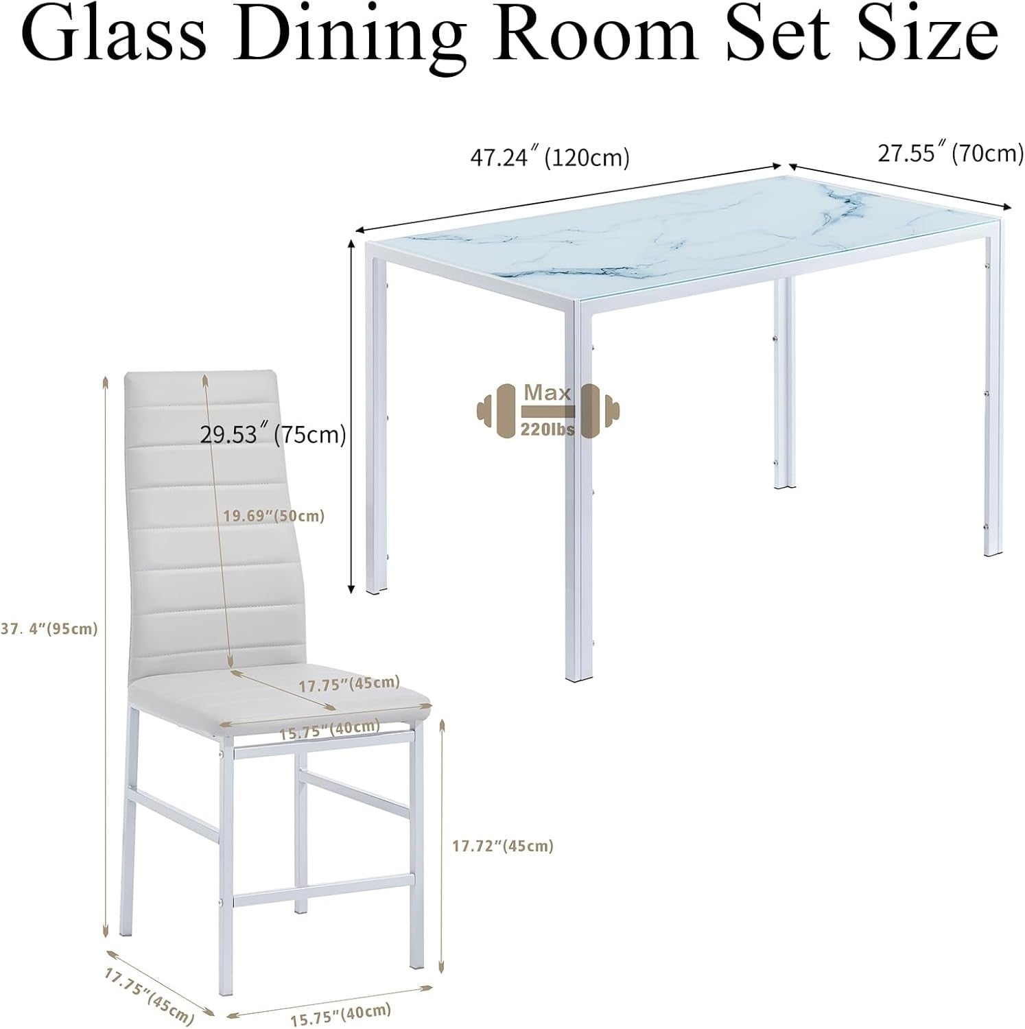 White Marble Glass 5-Piece Dining Set - Compact Rectangular Table + Chairs