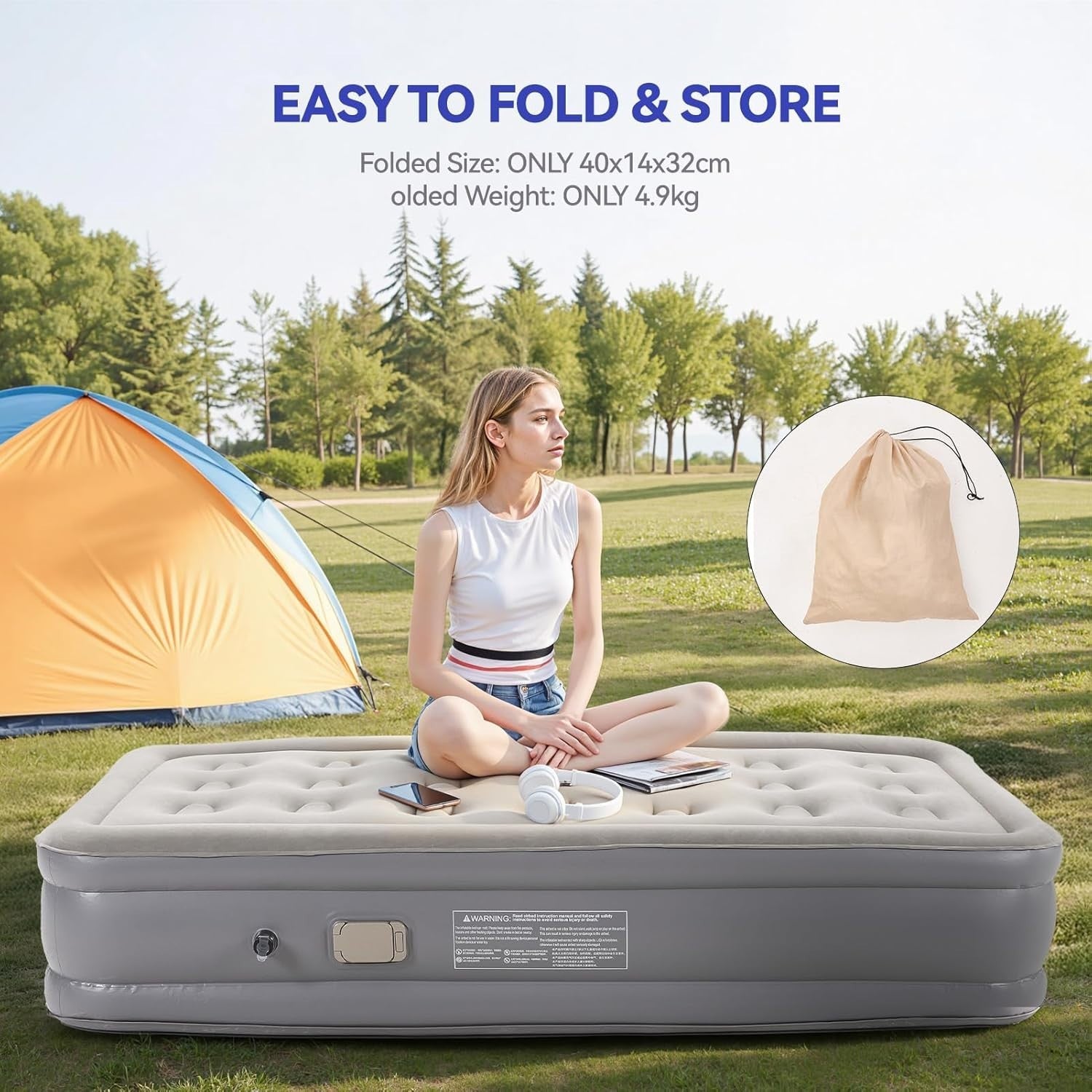 Inflatable Single Air Mattress with Built-In Pump & Pillow 190x100x40cm