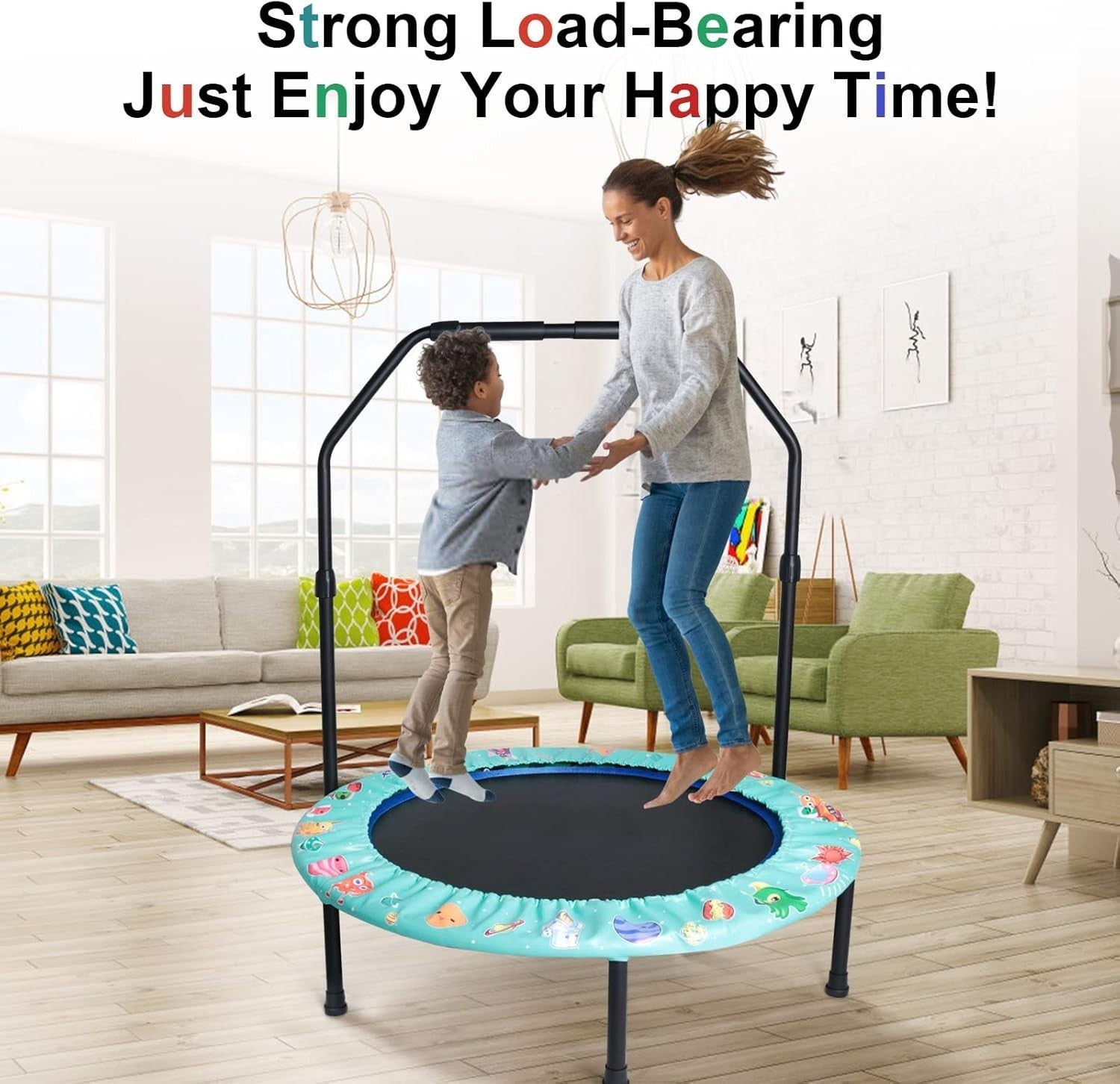 36'' Kids Foldable Trampoline with Adjustable Handle Quiet Indoor Outdoor Green