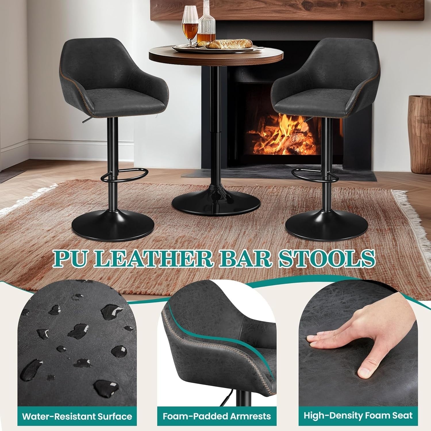Adjustable Black Leather Bar Stools Set of 2 Swivel Counter Chairs