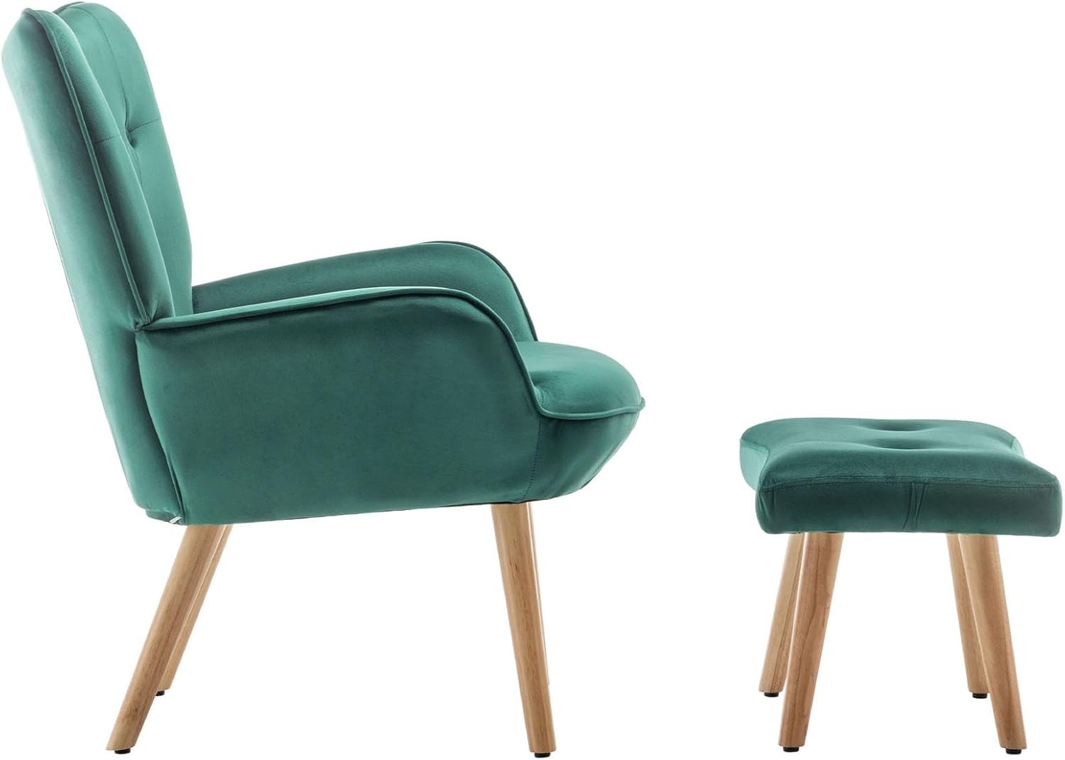 Green Velvet Armchair with Footstool, Comfy Reading Lounge Chair Set