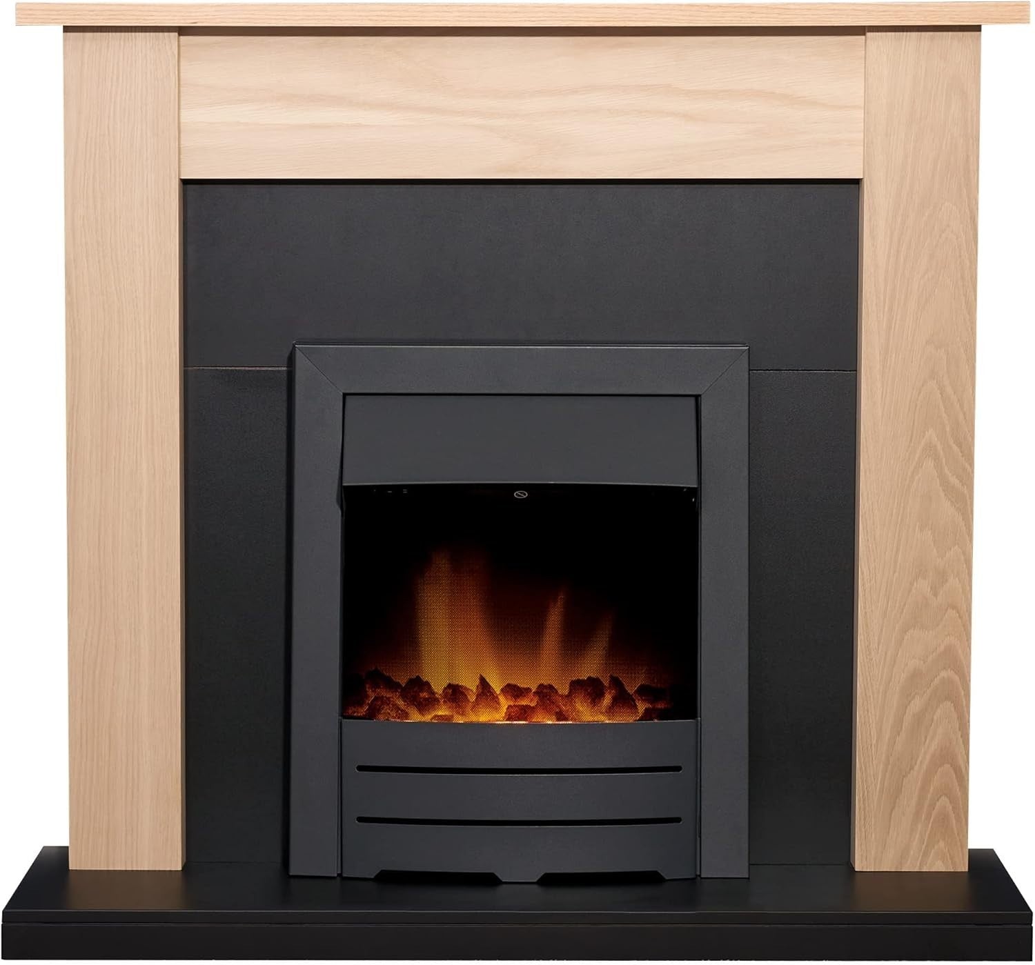 43" Oak Black Wall Electric Fireplace Suite 2kW Heat LED Flame Flat Wall