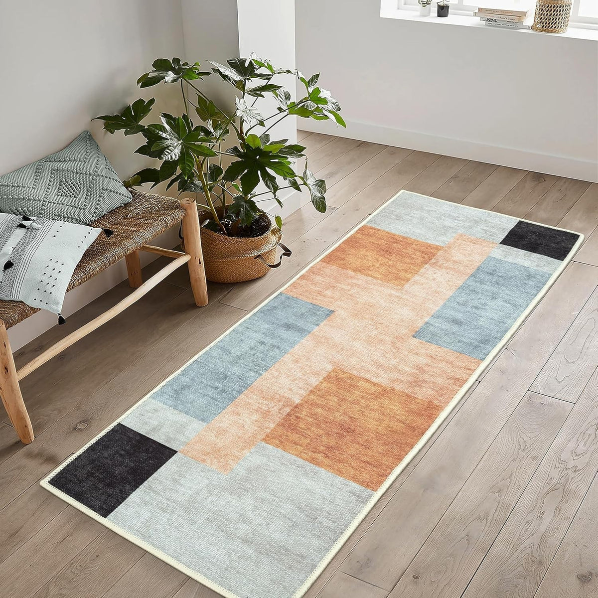 Washable Runner Rug 80x150cm Non-Slip Soft Hallway Kitchen Bedroom Retro Blocks