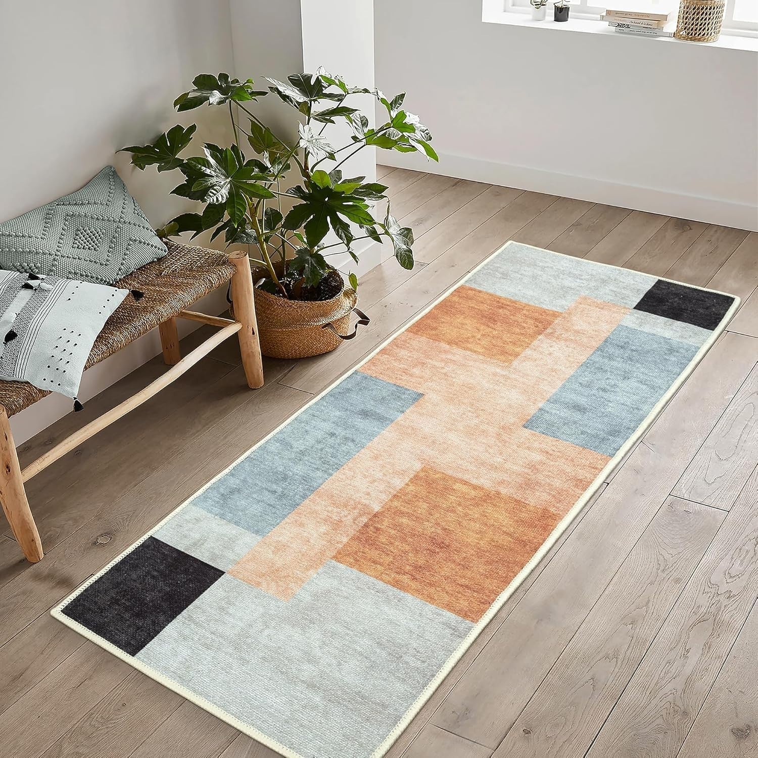 Washable Runner Rug 80x150cm Non-Slip Soft Hallway Kitchen Bedroom Retro Blocks