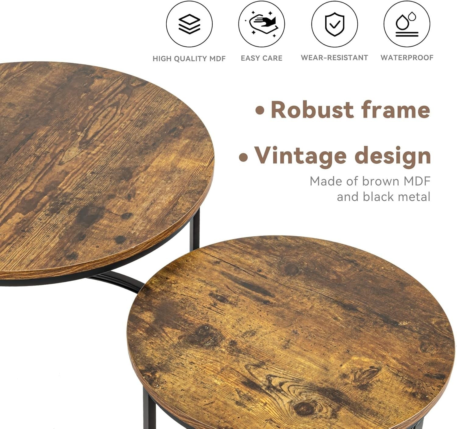 Nesting Coffee Table Set 2 Round Wood Metal Side Tables Living Room Brown