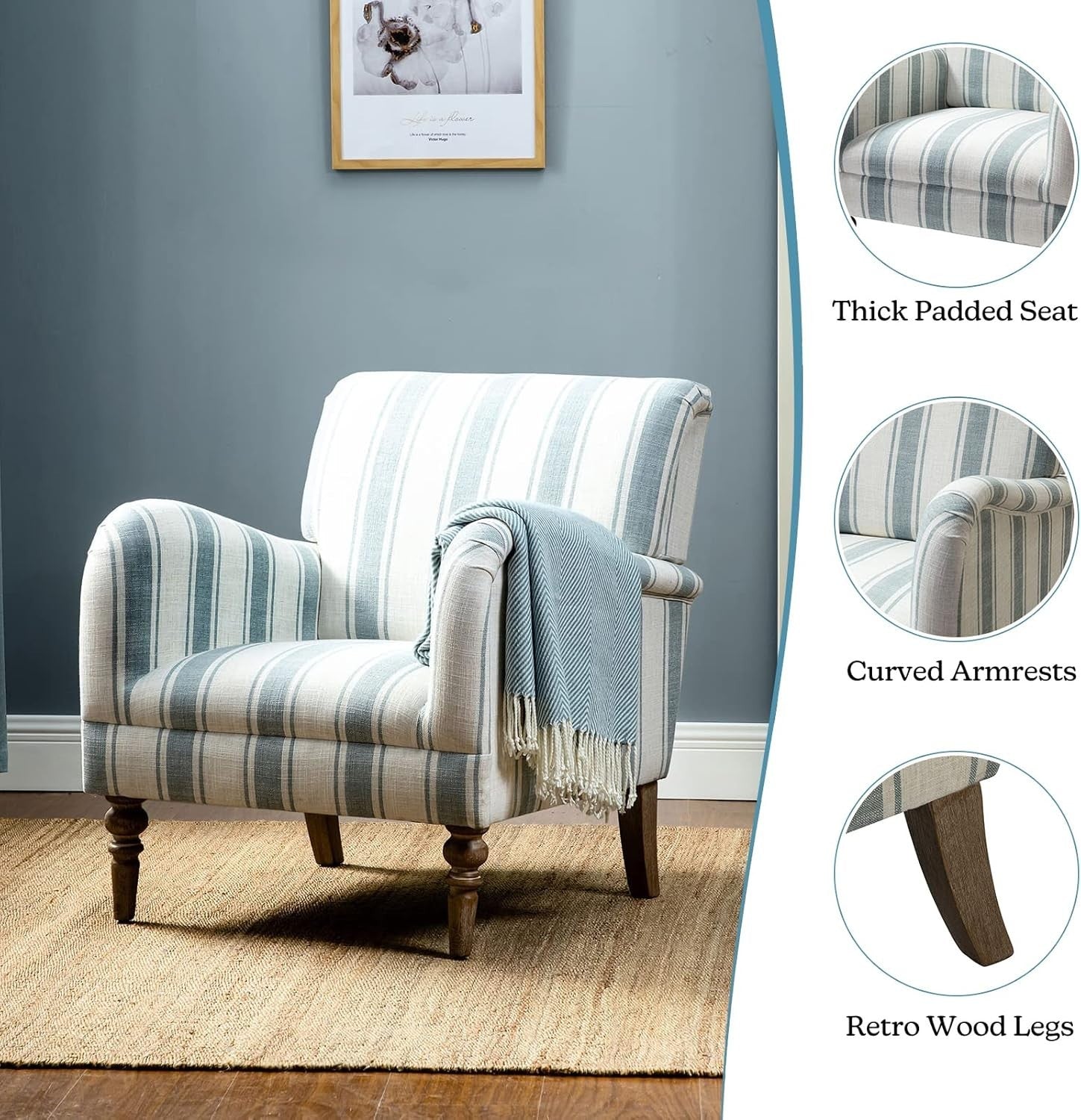 2 Striped Upholstered Armchair with Wooden Legs for Lounge or Bedroom Blue