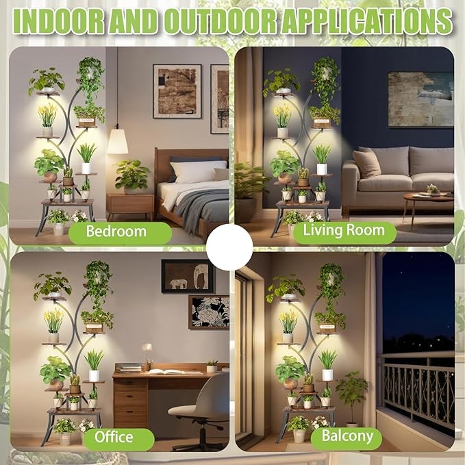 8 Tier Tall Metal Plant Stand with Grow Lights, Indoor Corner Shelf