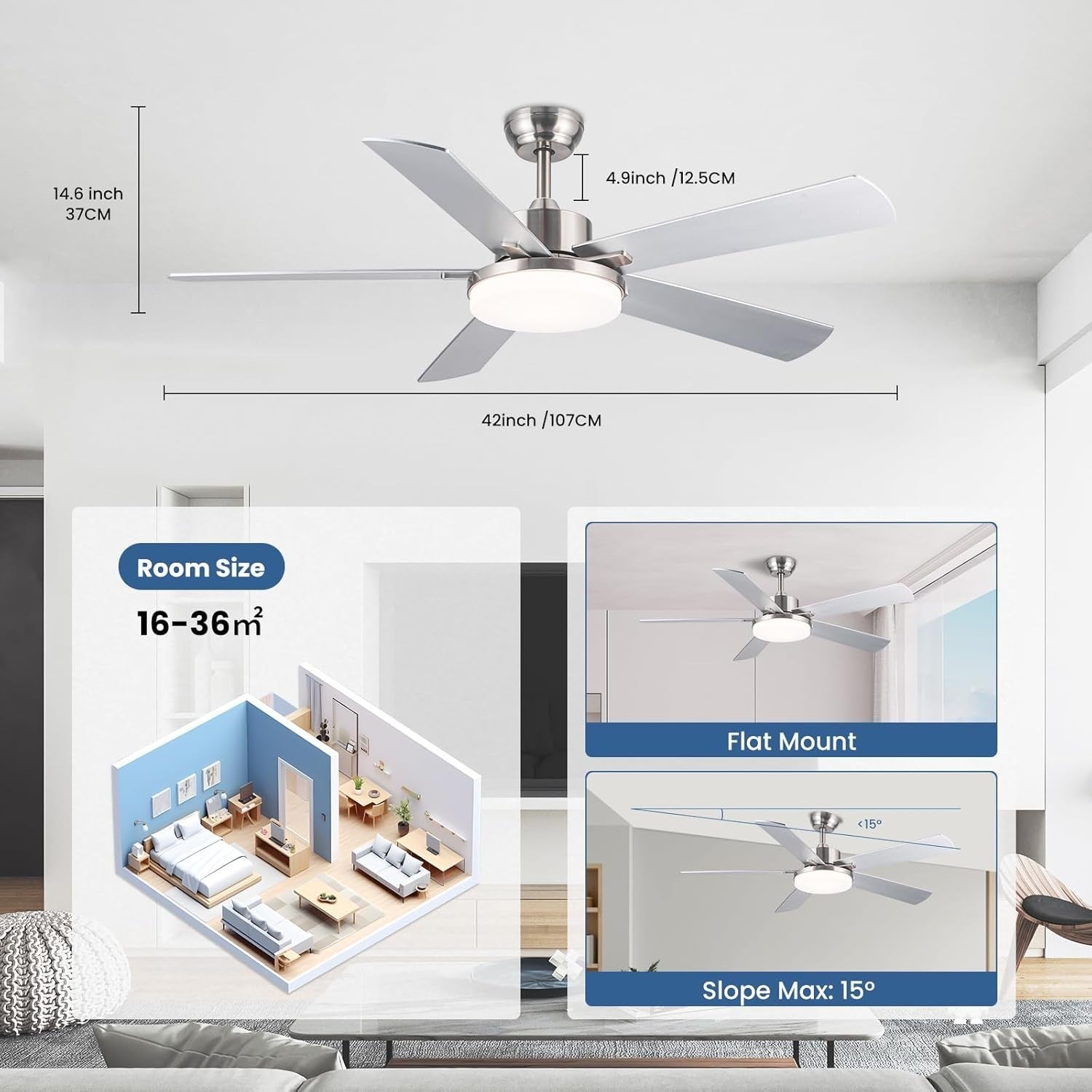 42" Silver Ceiling Fan, 6-Speed LED, Dimmable, Remote, Bedroom LR