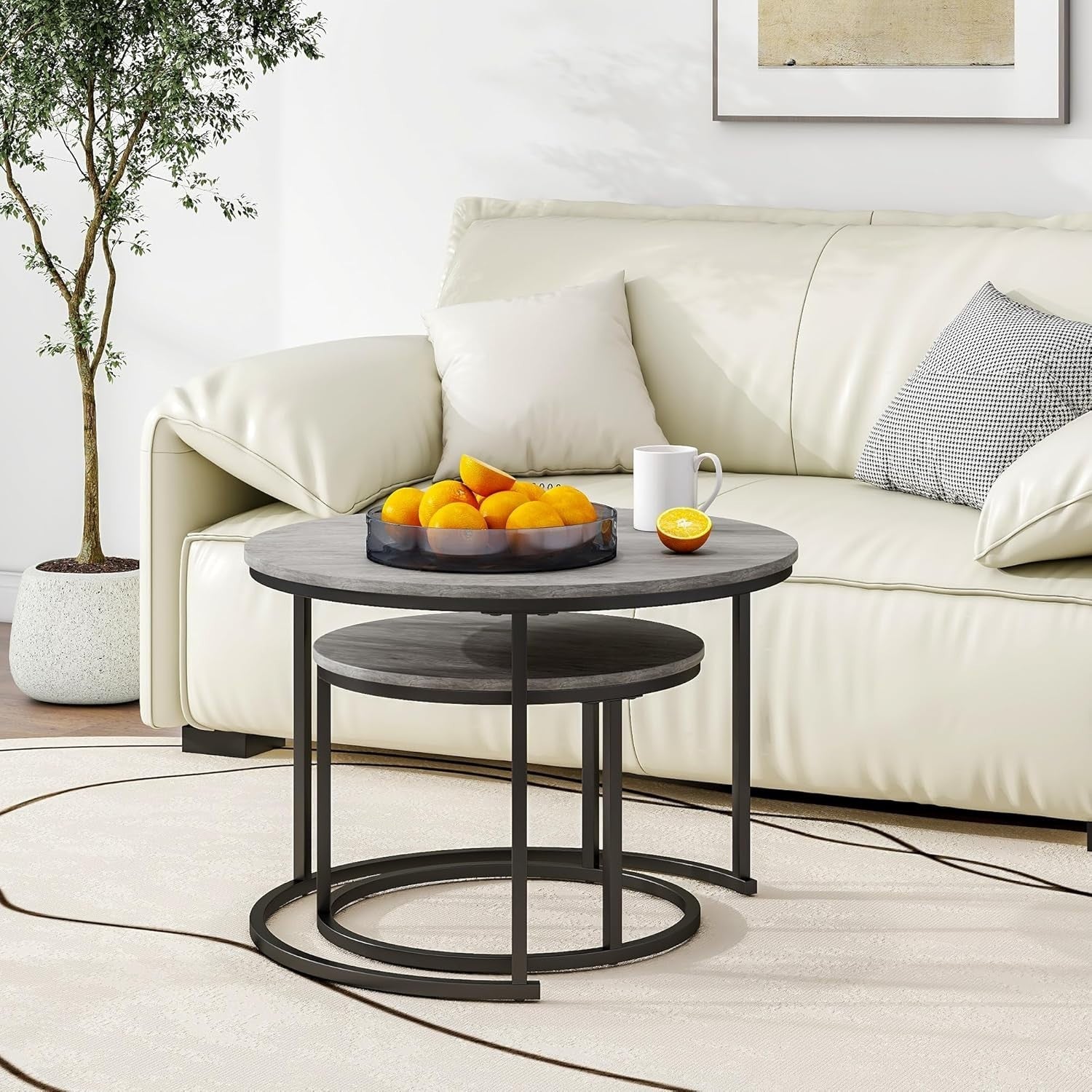 Round Nesting Coffee Table Set of 2 Modern Space-Saving Side Tables with Storage