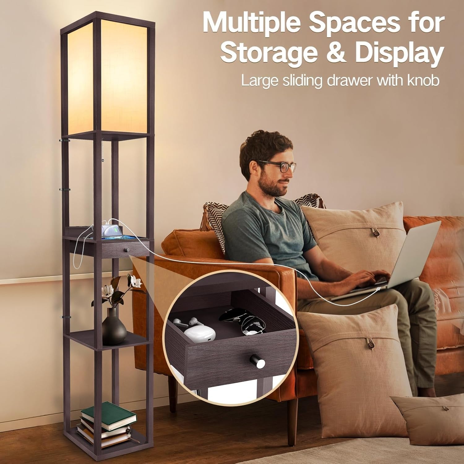 Floor Lamp with Shelves Drawer USB C LED Wooden Standing Storage Light