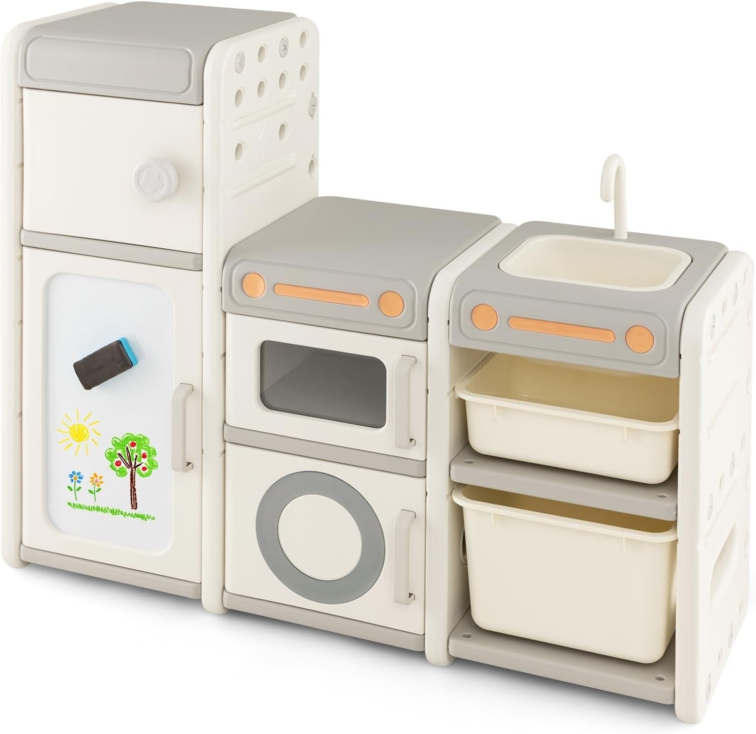 Kids Toy Storage Unit with Cabinets & Whiteboard Play Kitchen Shelf 116cm