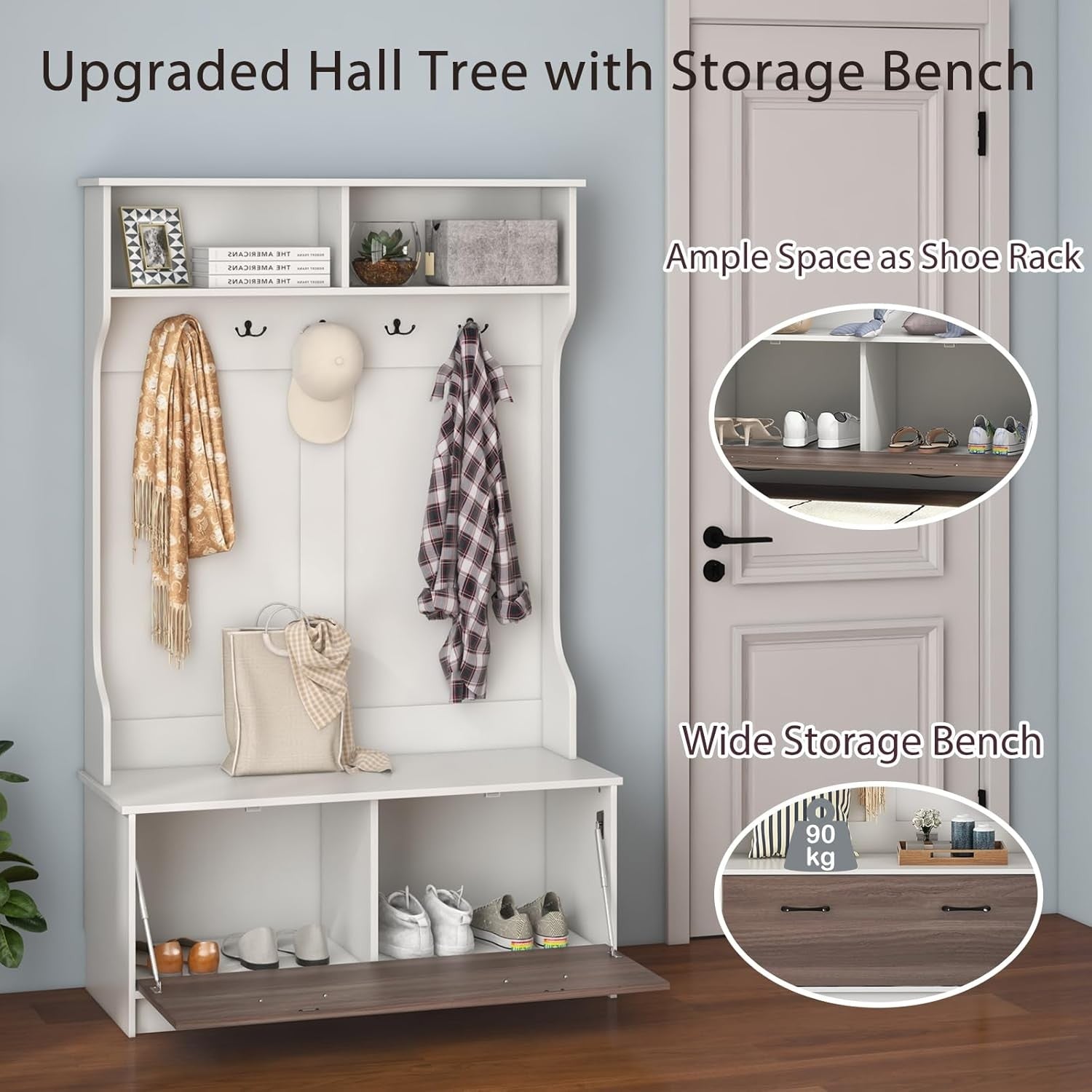White Hall Tree Coat Rack with Shoe Storage Bench & Shelves for Entryway