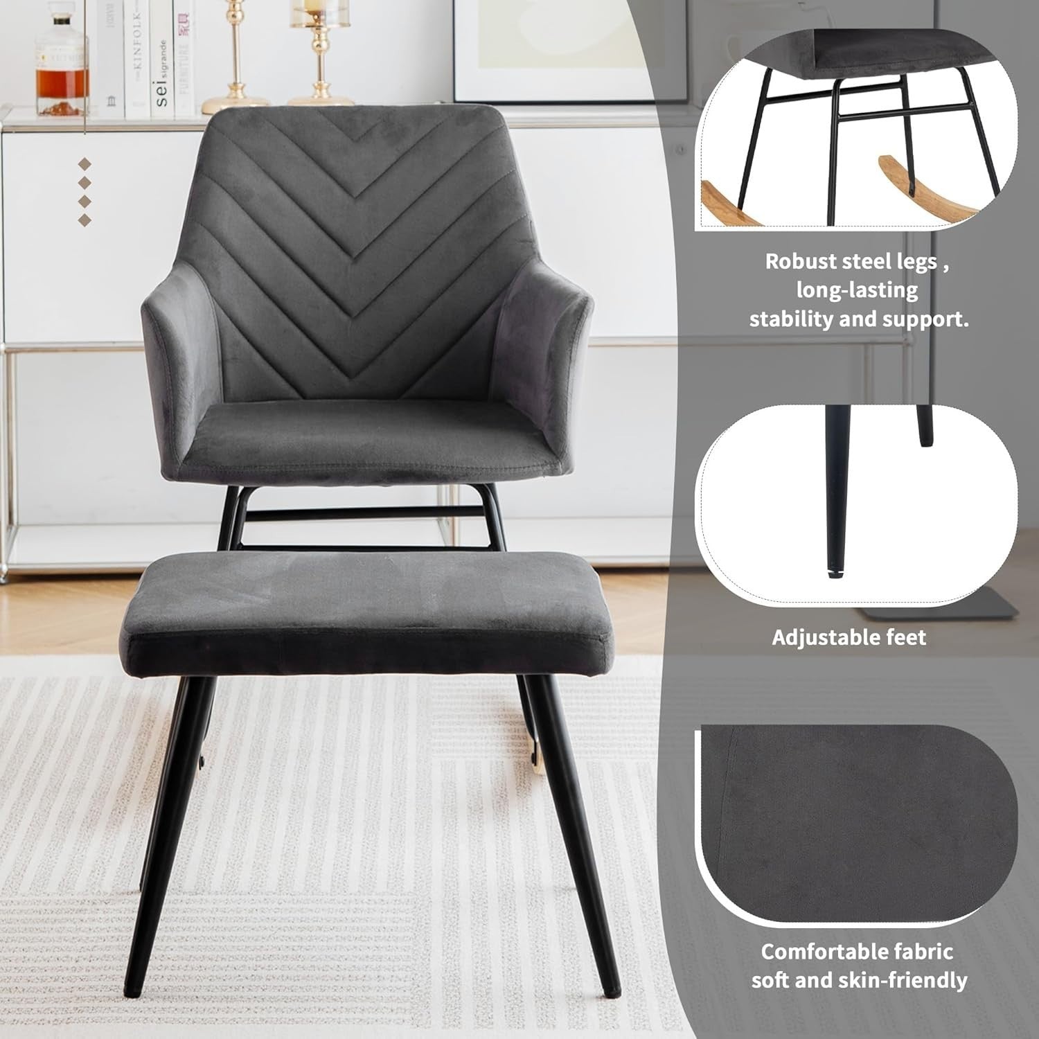 Rocking Armchair with Footstool Soft Padded Recliner Chair for Lounge