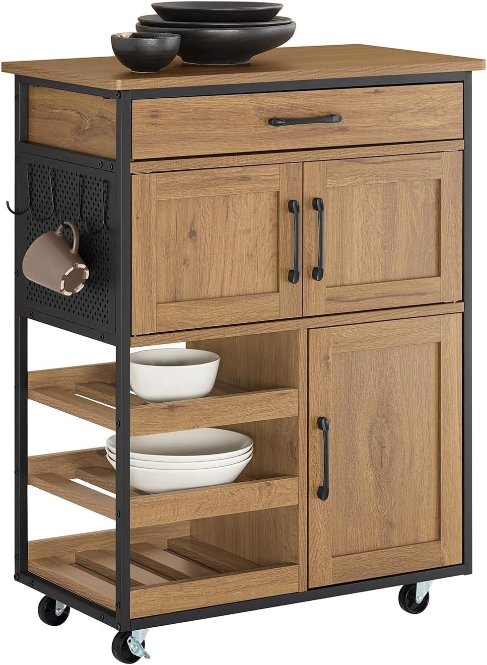 Industrial Vintage Kitchen Trolley with Wine Rack, Drawer & Lockable Wheels